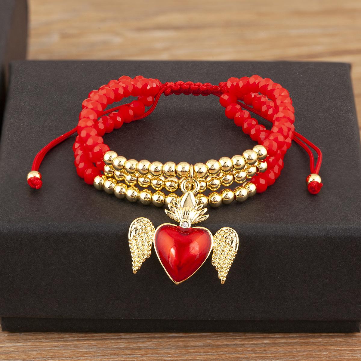 

Nidin Elegant Sacred Heart Bracelet For Women Multilayer Red Golden Beads Religious Style Adjustable Lucky Jewelry Accessories