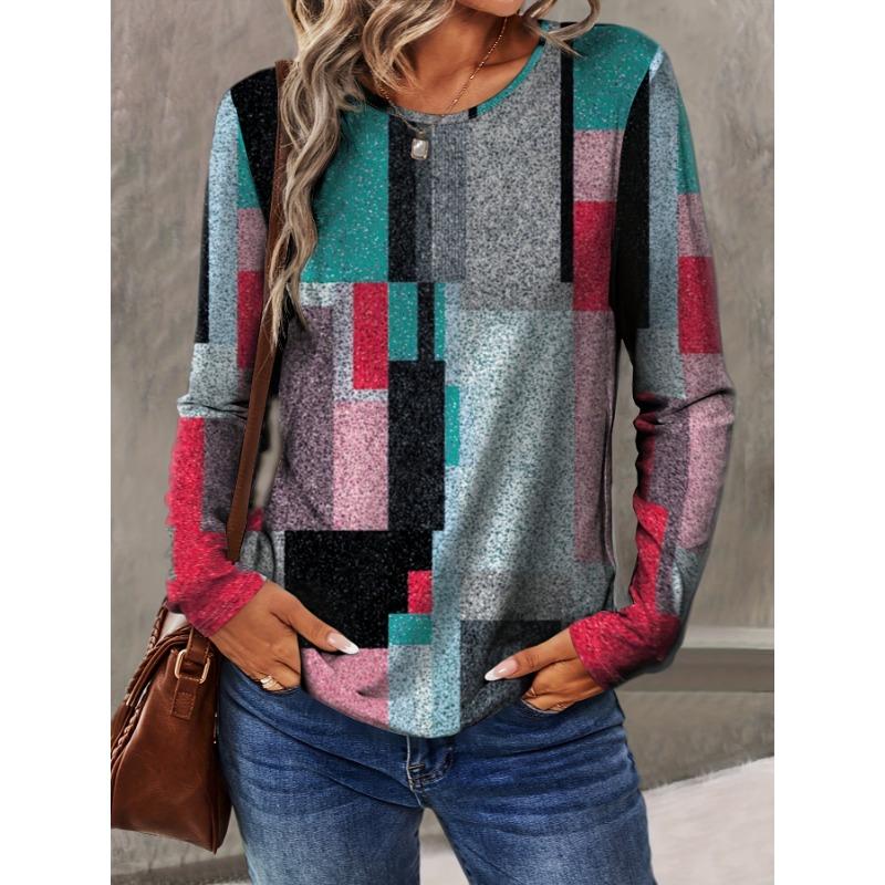 Women's 3D Plaid Stripe Print T-shirt Fashion Long Sleeve Round Neck Regular Tops Holiday Weekend Spring and Autumn