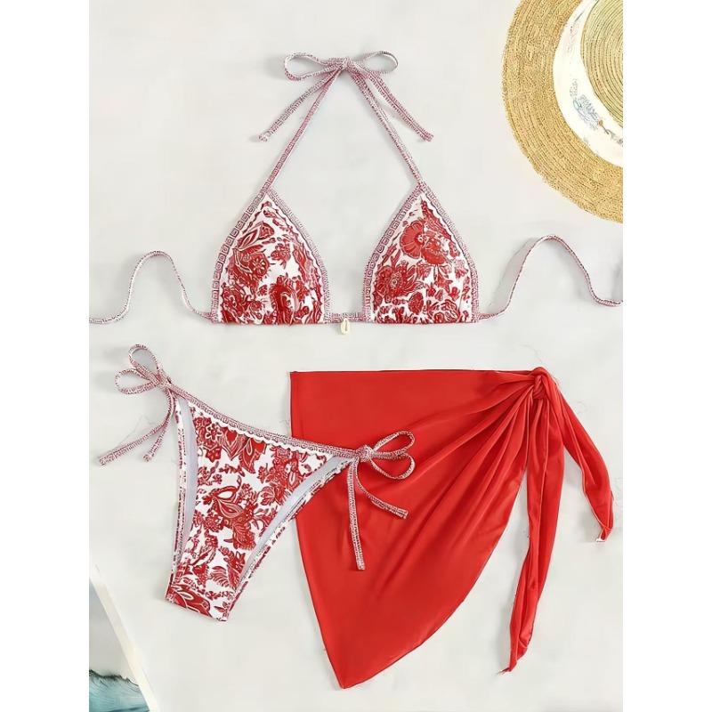 Women's Pink Paisley 3 Piece Bikini Set Halter Triangle Swimsuit With Cover Up Skirt