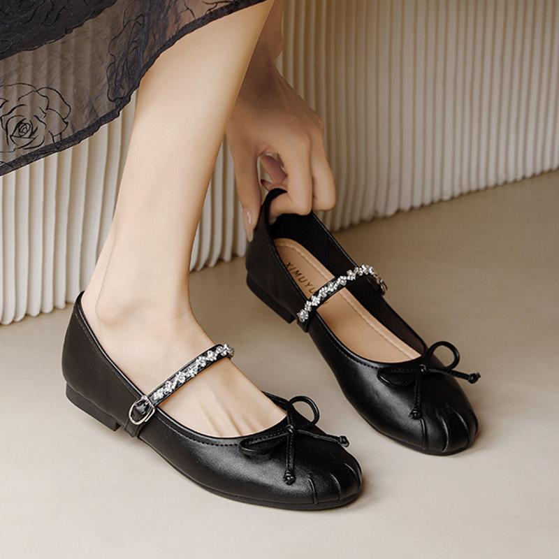 Fashion Crystal Beading Band Ballet Flats Women Bowtie Moccasins Soft Leather Pleated Round Toe Ballerina Shoes Woman Loafers Big Size43