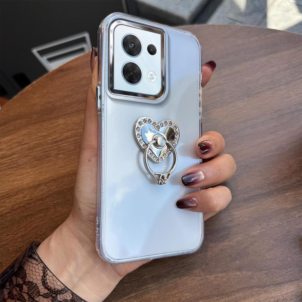 Luxury Bling Rhinestone Heart Ring Bracket Clear Phone Case for OPPO Reno8 5G Stand Cover
