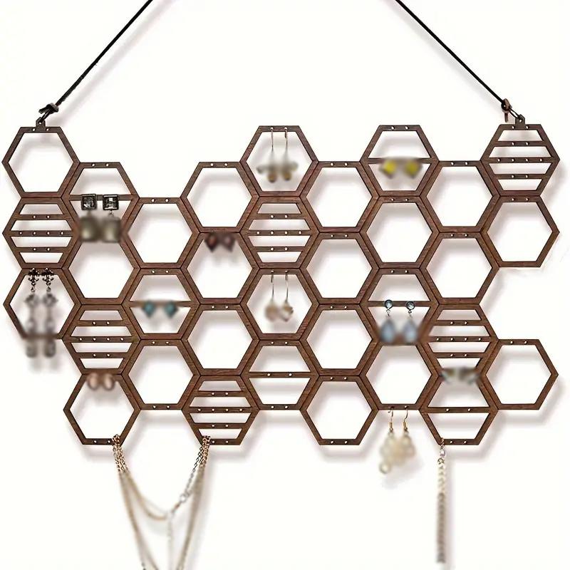 1Pc Honeycomb Earring Organizer Wall Mounted Earring Display Rack Wooden Hanging Jewelry Organizer For Studs Necklaces