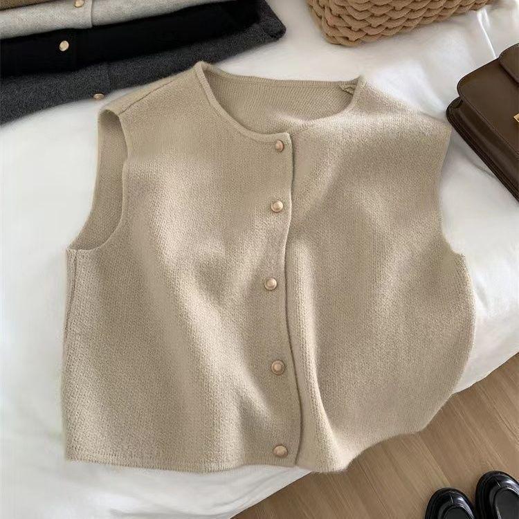 Korean Style Round Neck Gold Button Knitted Sleeveless Cardigan for Women