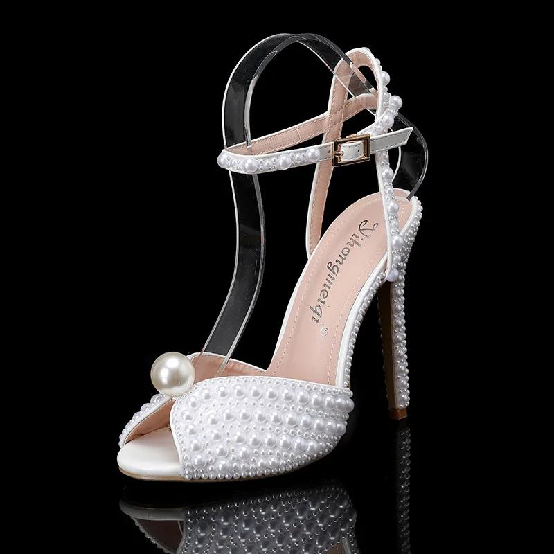 Fashion Maogu Women Sandals Fashion High Quality Wedding Shoes Women New Pearls Studs Luxury Peep Toe High Heels Buckle Woman Sandal 43