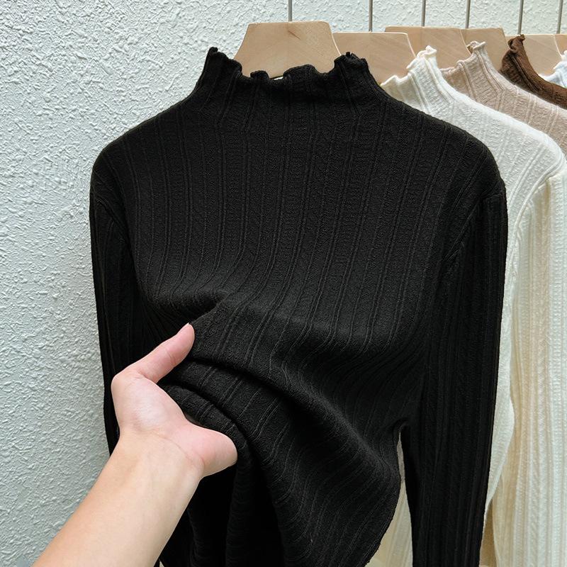 Half Turtleneck Base Shirt for Women New Spring and Autumn Skin-friendly Soft and Glutinous Knitted Sweater with Warm Black Ear Top