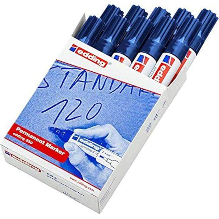Edding 550 Marqueur permanent - bleu - 10 stylos - pointe ronde 3-4 mm - sèche vite, résiste à l'eau et aux frottements - pour