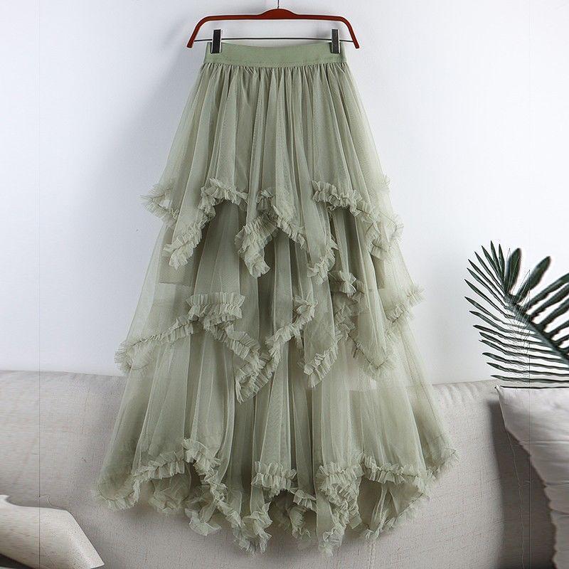 Women's 2024 Summer High-Waist Mesh A-Line Ruffled Skirt - Irregular Mid-Length Niche Style