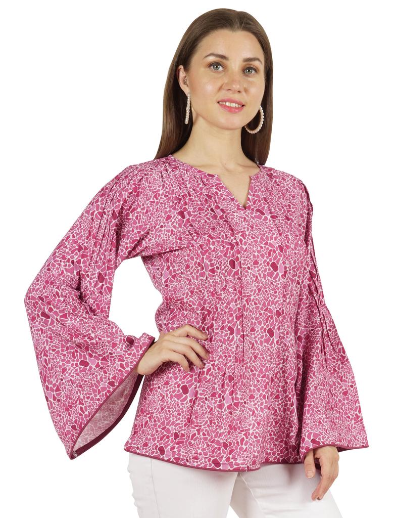 Moomaya Printed Top Full Sleeve Pleated Rayon Kurta Short Tunic Summer Blouse For