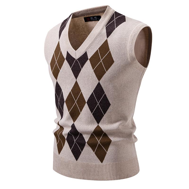 Herren Argyle Westen Mode V-Ausschnitt Ärmelloser Pullover Weste Luxus Kontrast Herren Strickweste