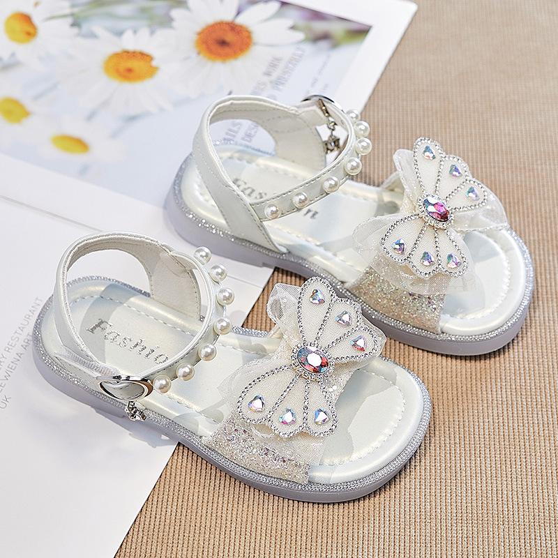 2024 New Soft Butterfly Rhinestones Sweet Princess Shoes for Party Wedding Shows Summer Children Girls Sandals Britain Style PU