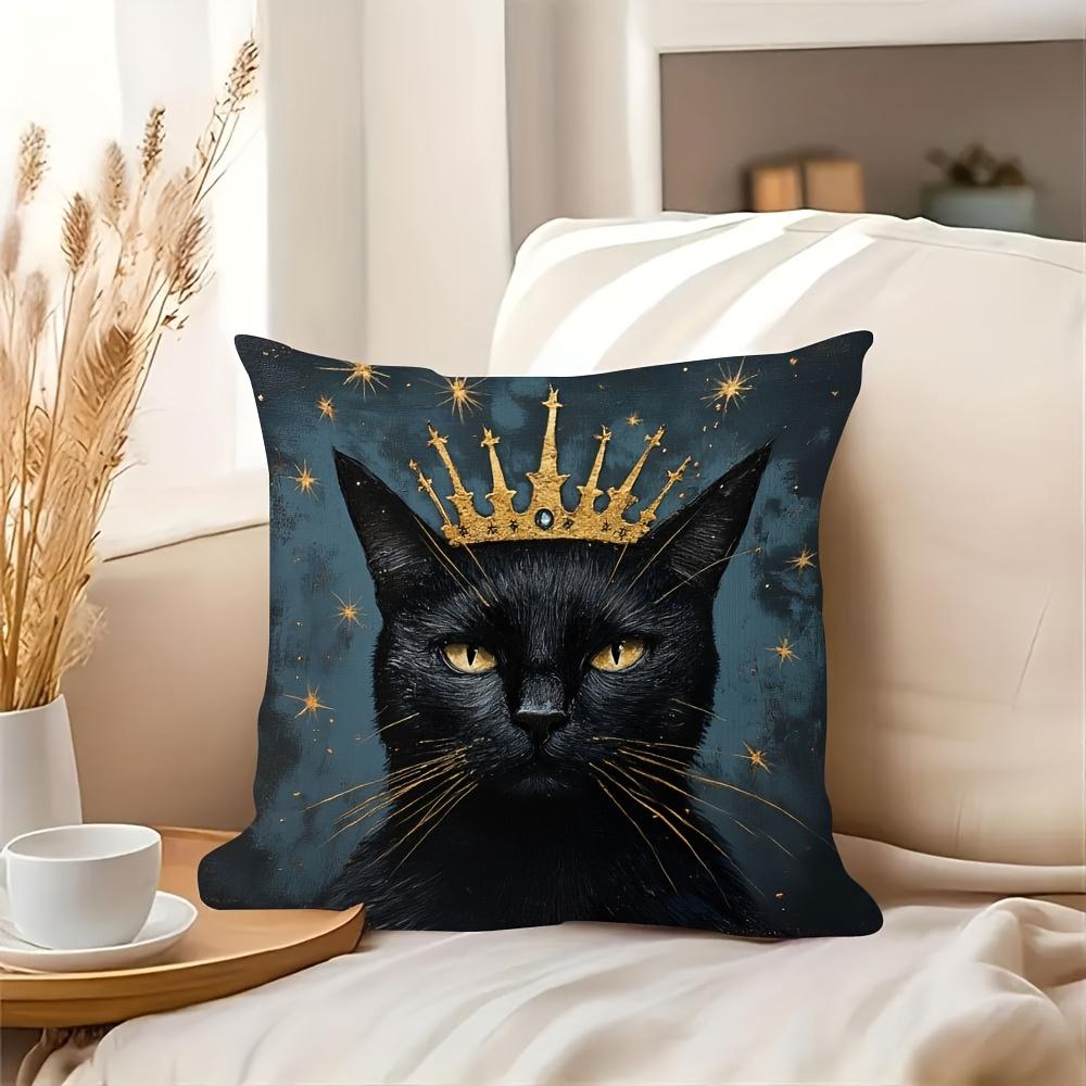 1Pc Vintage Black Cat Pillowcase - Golden Crown & Stars, 18X18 Inches, Soft Short Plush, Double-Sided,Hand Wash,Sofa & Bed Decor