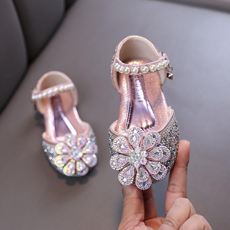Wiosenno-jesienny nowy styl, eleganckie, dla małych dziewczynek, dziewczęce, księżniczki, płaskie buty z cyrkoniami, skórzane buty, buty do występów tanecznych