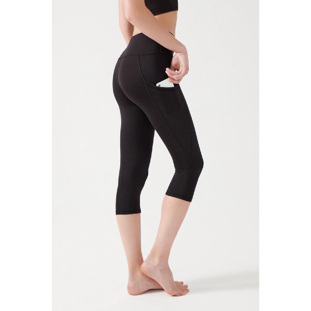 Women's Black High Waist Collecting Double Pocket Below Knee Capri Leggings Capri