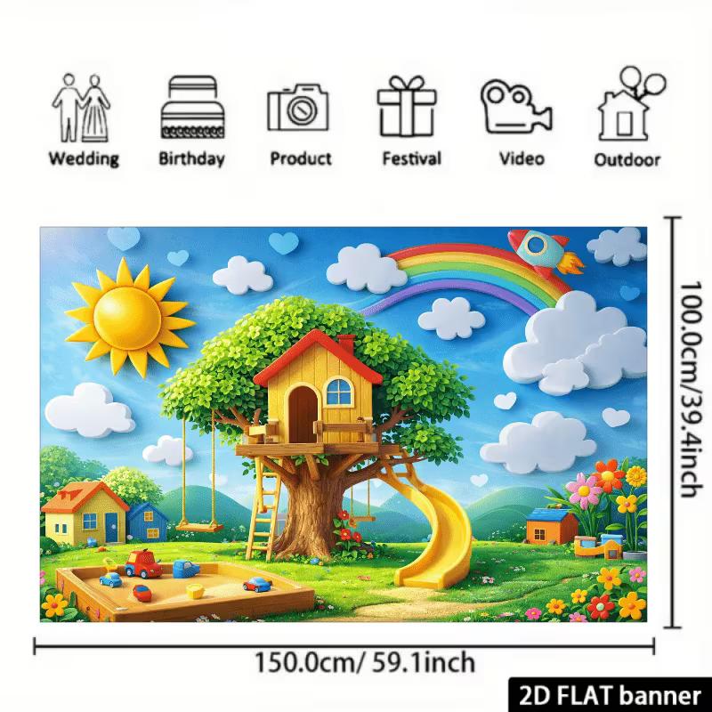 2D Rainbow Tree House Backdrop, Kids Playground Themed Background for Baby & Toddler Party Decor