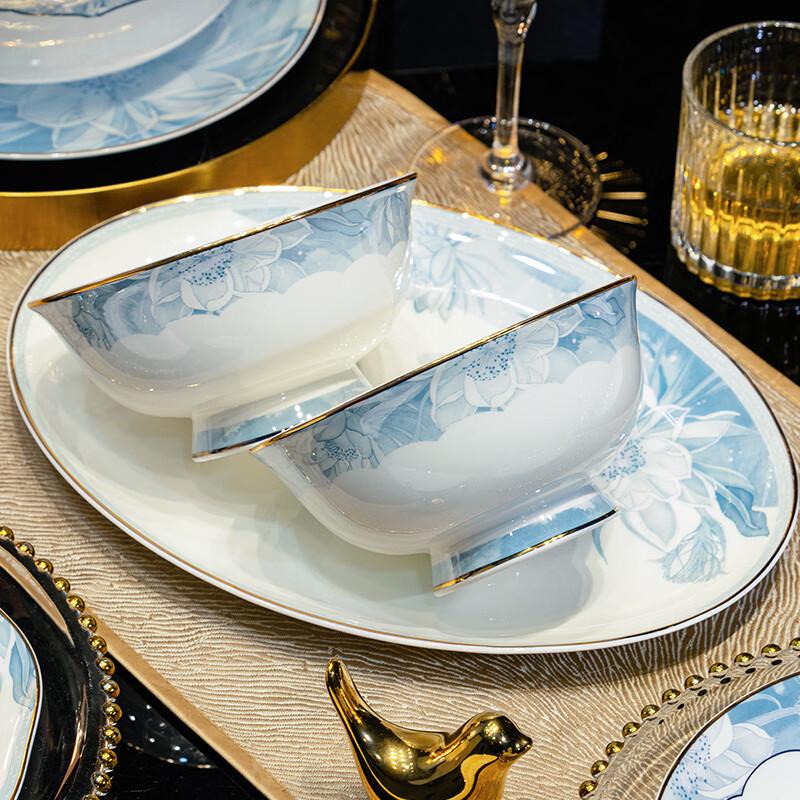 Jingdezhen Blue Lotus 60-Piece Bone China Dinnerware Set