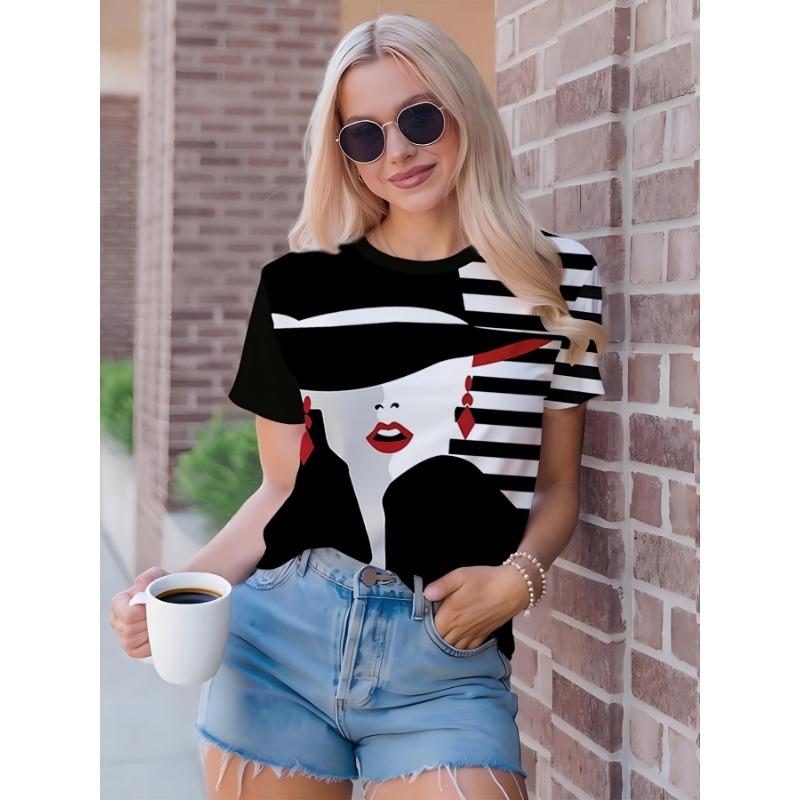 New Summer Women s T-Shirt, Striped Short-Sleeve T-Shirt, Vintage Modern S