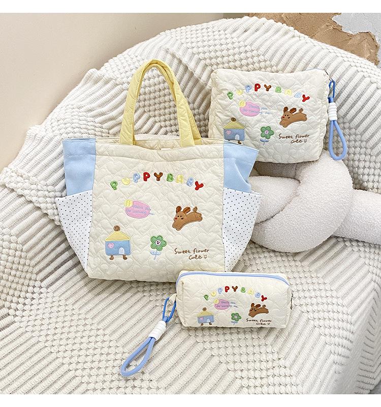 Cartoon Embroidery Women's Cosmetic Bag Soft Polyester Quilting Female Makeup Wash Storage Bags Handle Students Pencil Case
