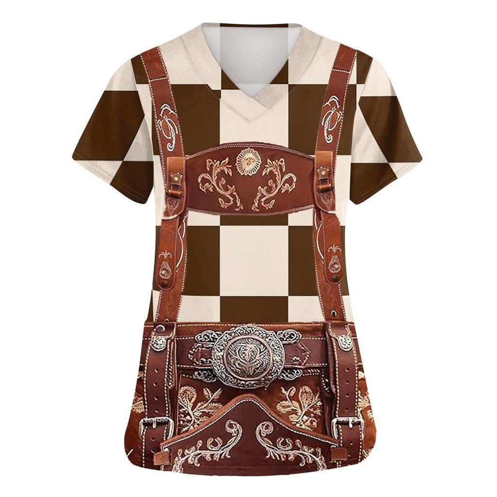 Women's V Neck Short Sleeve Work Shirt with Pockets Oktoberfest Print Top for Caregivers and Service Staff Comfortable Fit