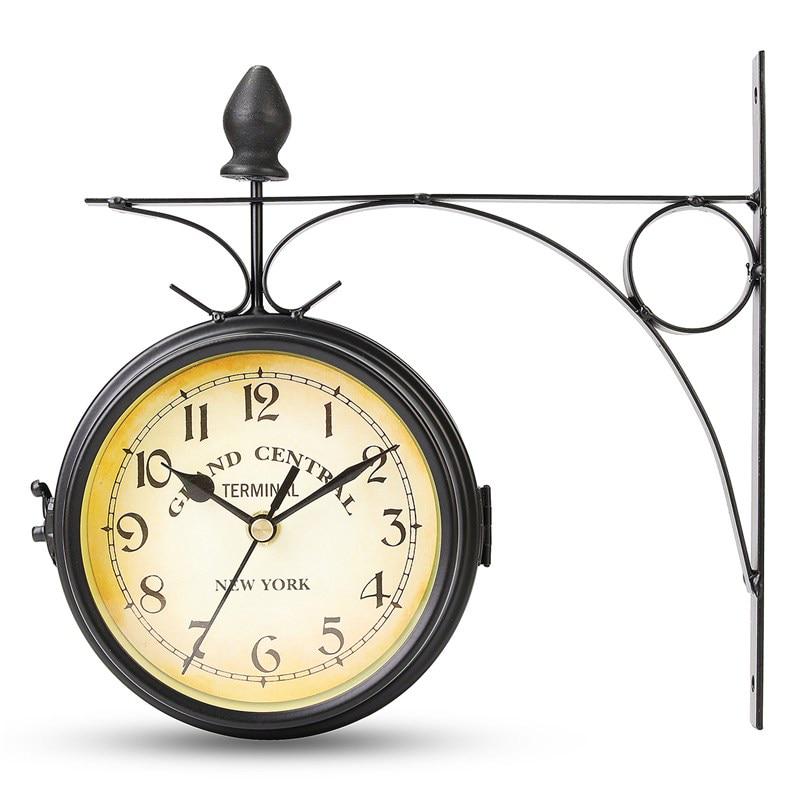 Double Sided Round Wall Mount Station Clock Garden Vintage Retro Home Decor Metal Frame + Glass Dial Cover for Christmas Gift