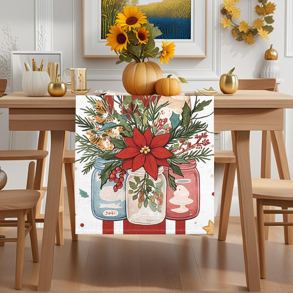 Christmas Table Runner Winter Snowman Santa Print Dining Table Mat for Holiday Decor