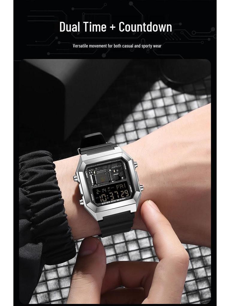 Sanda Luminous Waterproof Teen Alarm Watch - Square Electronic Sports Countdown Timer