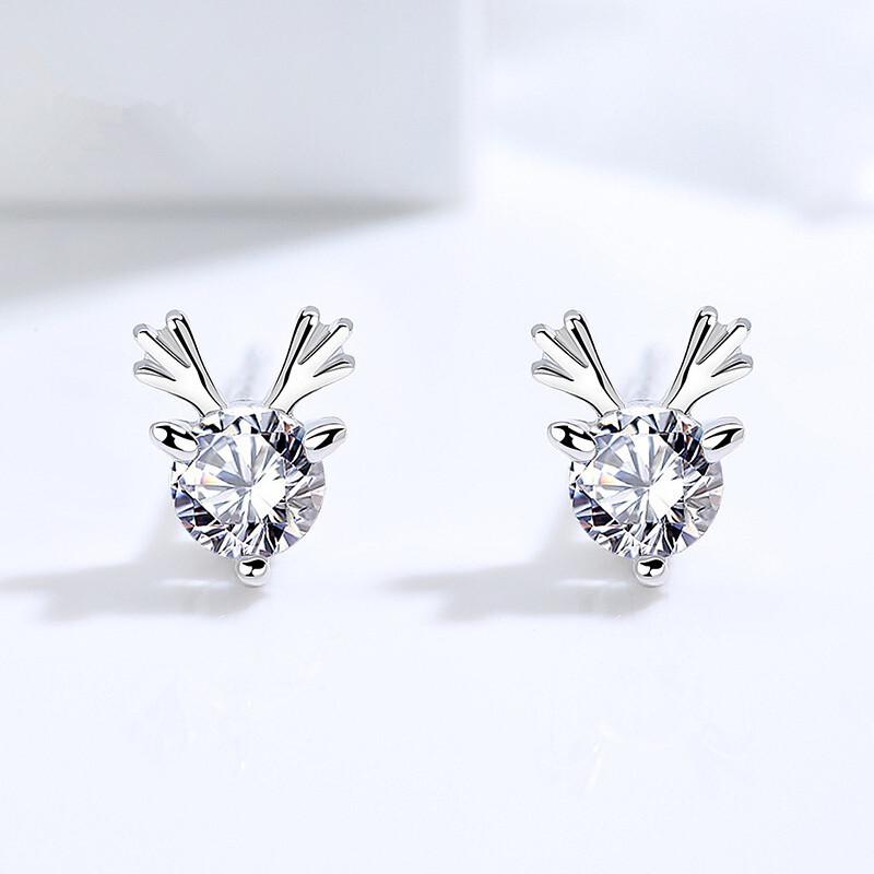 

S925 Sterling Silver Antler Stud Earrings - Mori Style, Sweet Temperament, Korean Minimalist Reindeer Design S925 Silver алмаз/білий