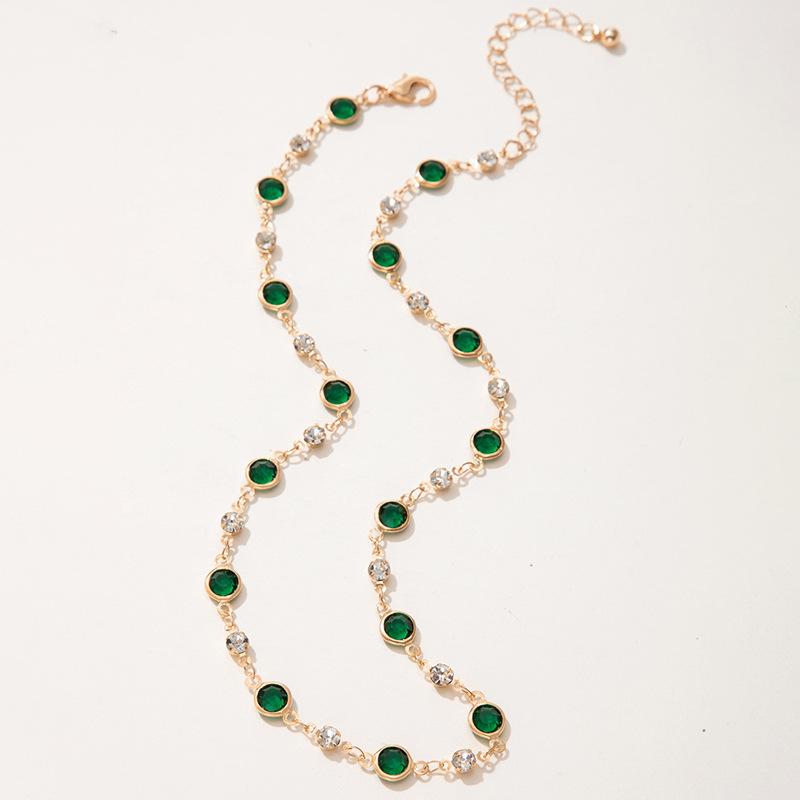 Green Zircon Niche Personality Retro Diamond-encrusted Short Necklace Collarbone Chain Neck Chain Chocker Female