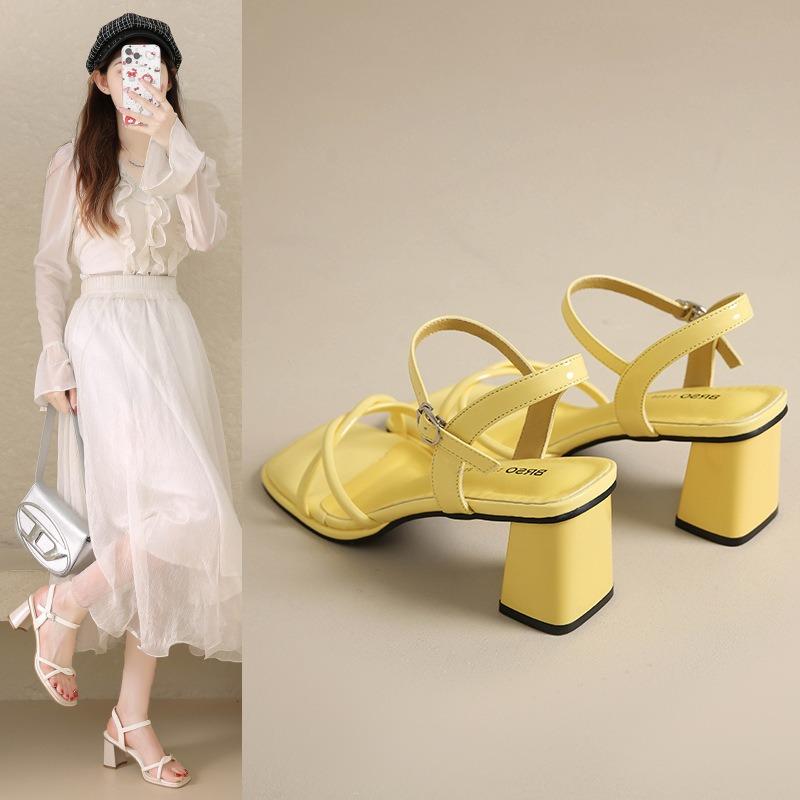 Square Head Thick Heel Sandals Women's Summer New Simple Skirt Cross Strap High Heels