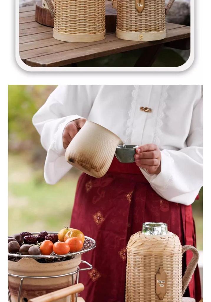 Retro Bamboo Woven Thermos: Nostalgic Glass Liner Insulated Kettle