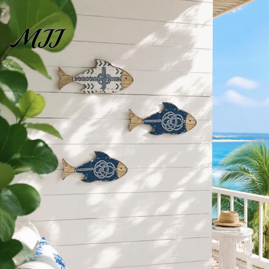 Ocean Inspired Home Accents 3Pcs/Set Wooden Fish Wall Decor, Nautical Knot Print Decorations, Coastal Beach House Ornaments Style Art for Bathroom