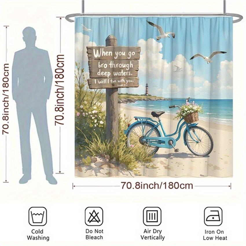 Beach-Themed Shower Curtain with Bible Verse-Blue Bicycle & Lighthouse, Polyester,Tranquil Ocean & Faith-Inspired Bathroom Decor