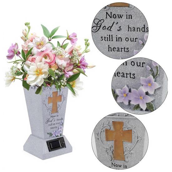 Solar Cemetery Vase with LED for Gravestone Outdoor Artificial Fresh Flower Holder Headstone