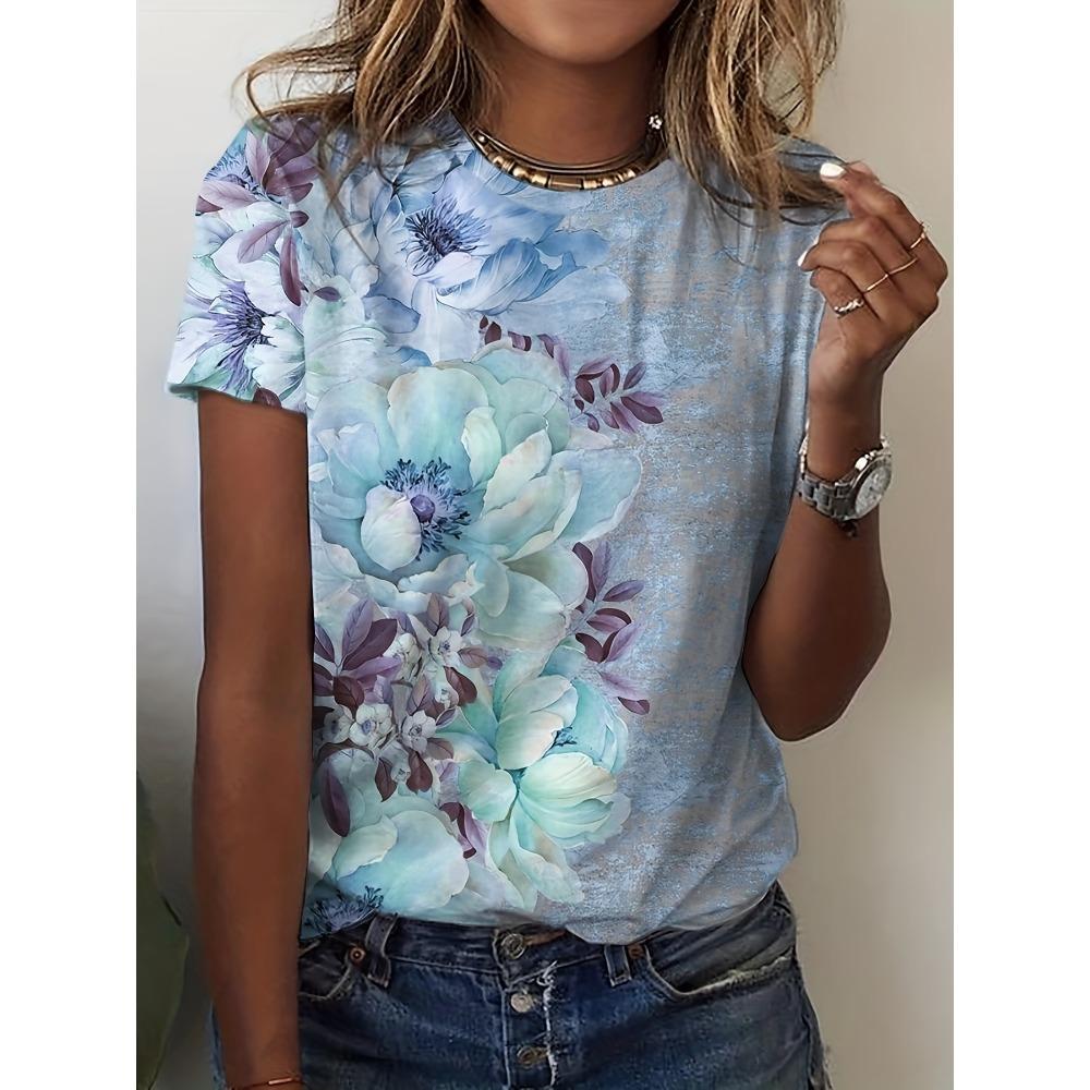 Women's summer round neck elegant temperament breathable short-sleeved floral pattern top loose casual