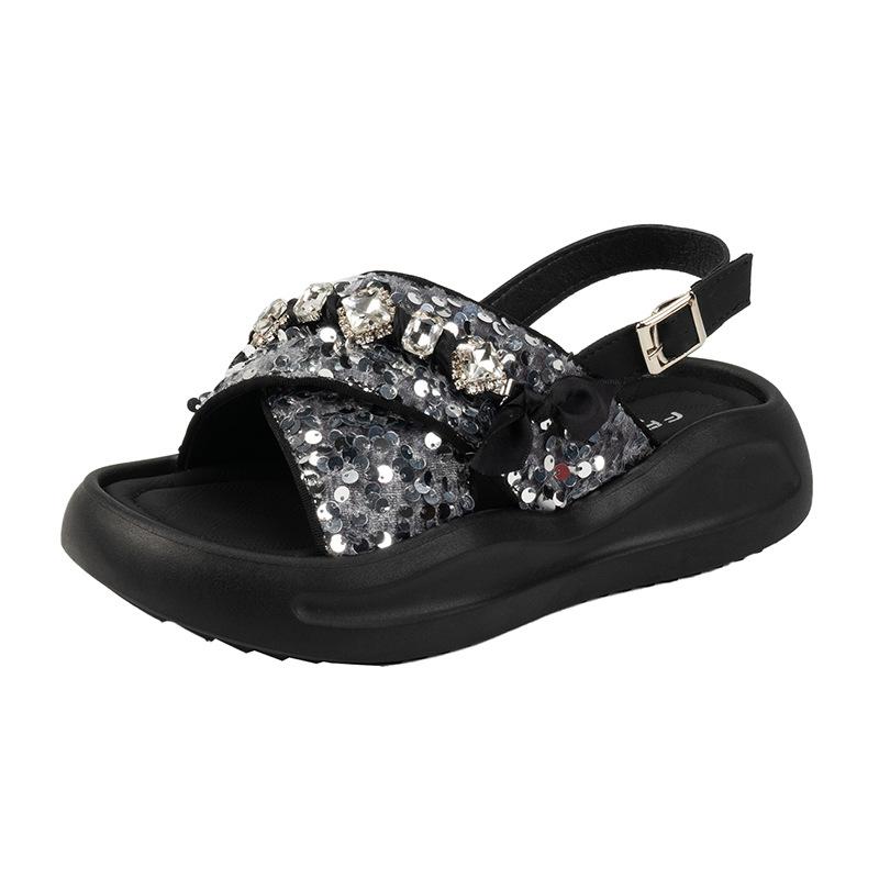 Platform silver sequined cross cool slippers fairy fairy shoes outer wear 2025 new summer French with skirt slippers