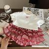 Korean Style 2025 Summer Girls' Bow T-shirt & Plaid Skirt Set