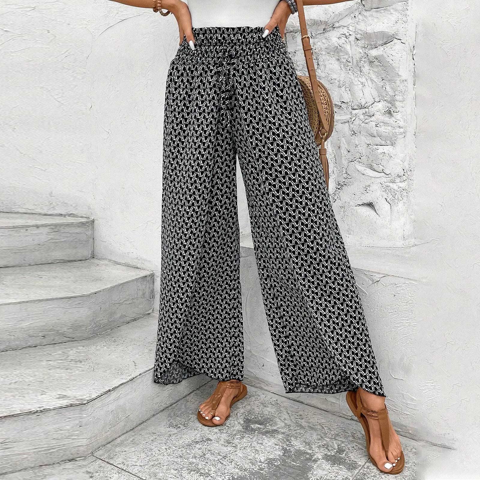 Women s Summer Fashion Versatile Floral Side Slit Wide Leg Skirt Pants For Women L чёрный