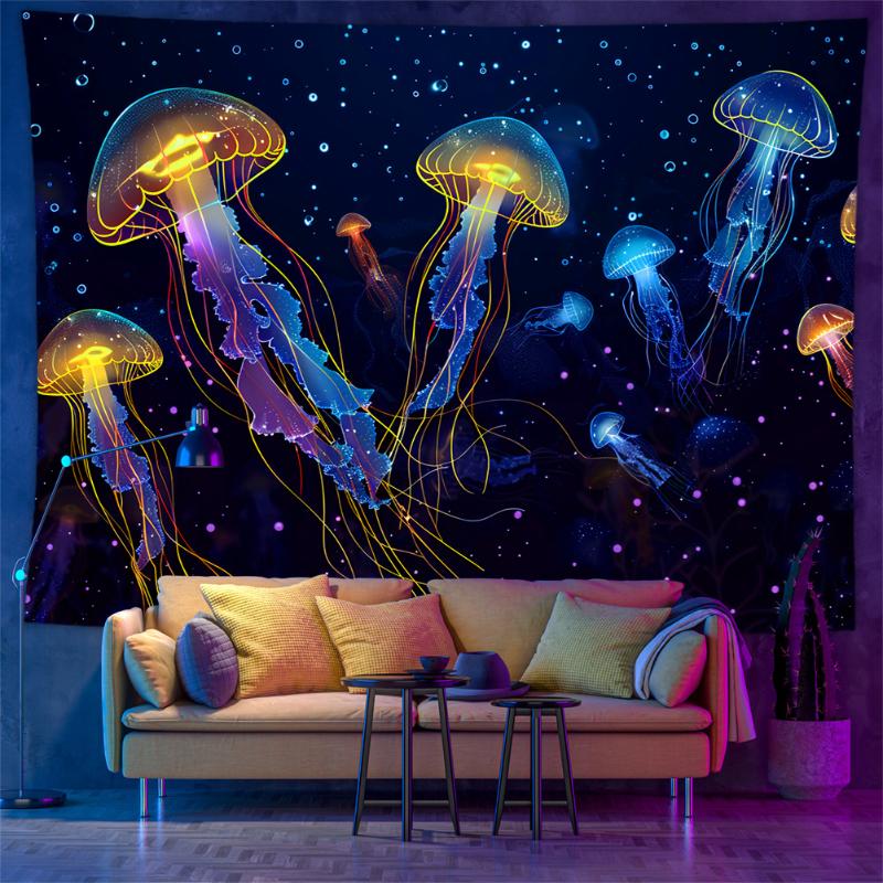 Blacklight Psychedelic Jellyfish Tree of Life Tapestry UV Reactive Trippy Wall Hanging for Party Bedroom Home Decor 100X70CM