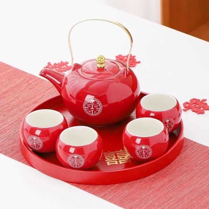 Red Ceramic Tea Set, Chinese Wedding Tea Set, Handmade Tea Pot Set, Special Customized Home Porcelain Beauty Tea Cup Set
