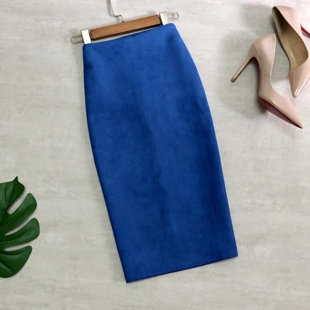 

Осінь-зима, жіночі елегантні замшеві спідниці-футляри міді з високою талією Однотонна шикарна спідниця з запахом Спідниця-олівець із розрізом на спині XL синій