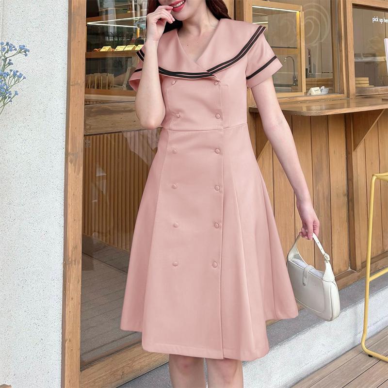 

ZANZEA Женское повседневное летнее платье с коротким рукавом и темно-синим воротником M розовый