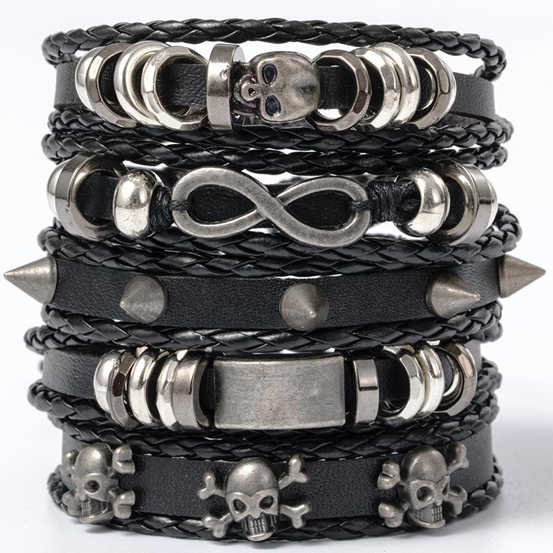 Skull head alloy accessory set of five pieces, cowhide bracelet, direct supply for jewelry