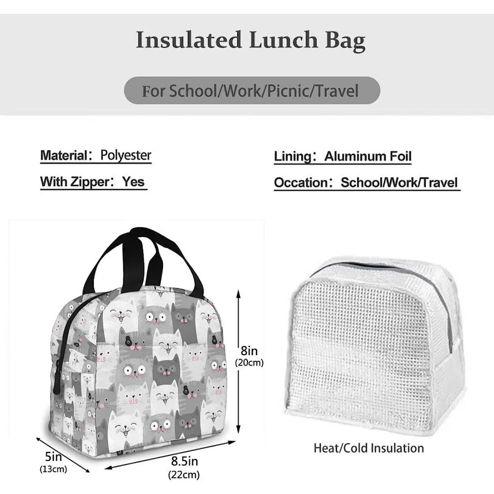 Geantă de prânz pisici gri drăguțe, cutie de prânz izolată, cooler reutilizabil, geantă termică pentru masă pentru femei, fete, muncă, școală, picnic