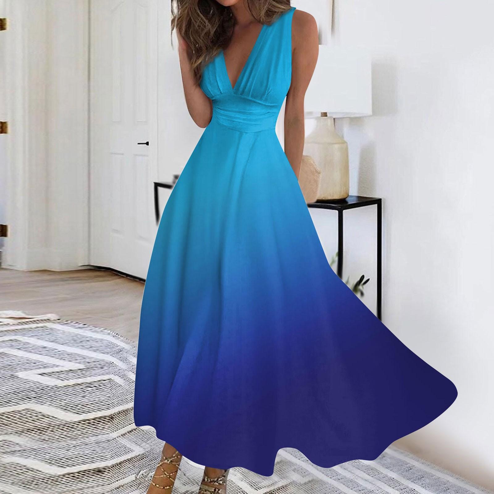 

Женское длинное платье Платье макси Повседневное платье Летнее повседневное платье без рукавов с v-образным вырезом в стиле бохо с талией и принтом XXXL синий