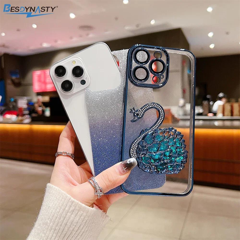 Gradient Diamond Swan Holder Case For iPhone 17 Air 16 15 ProMax 14 13 12 Pro Max Plus 11 Glitter Quicksand Silicone Soft Cover