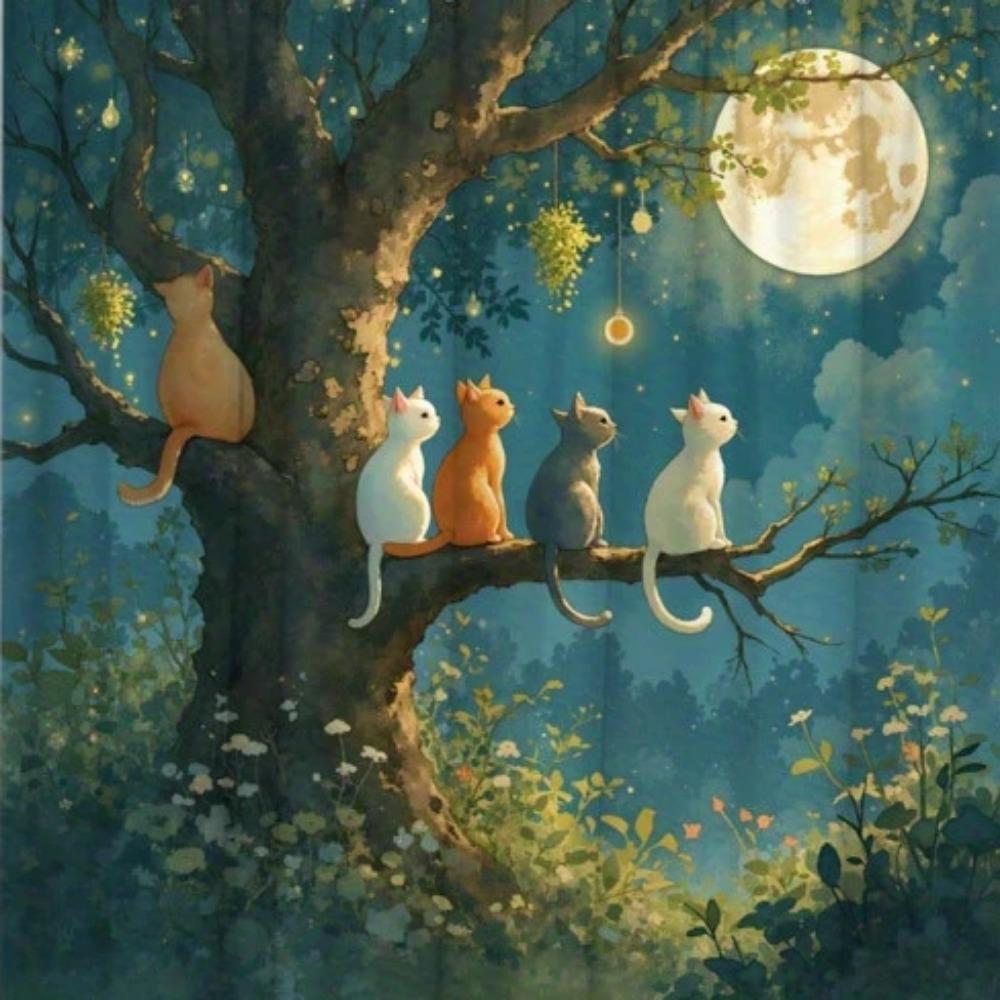 Charming Cats in Moonlit Forest Waterproof Shower Curtain - Adorable Night Scene, High-Quality Fabric, Durable and Stylish