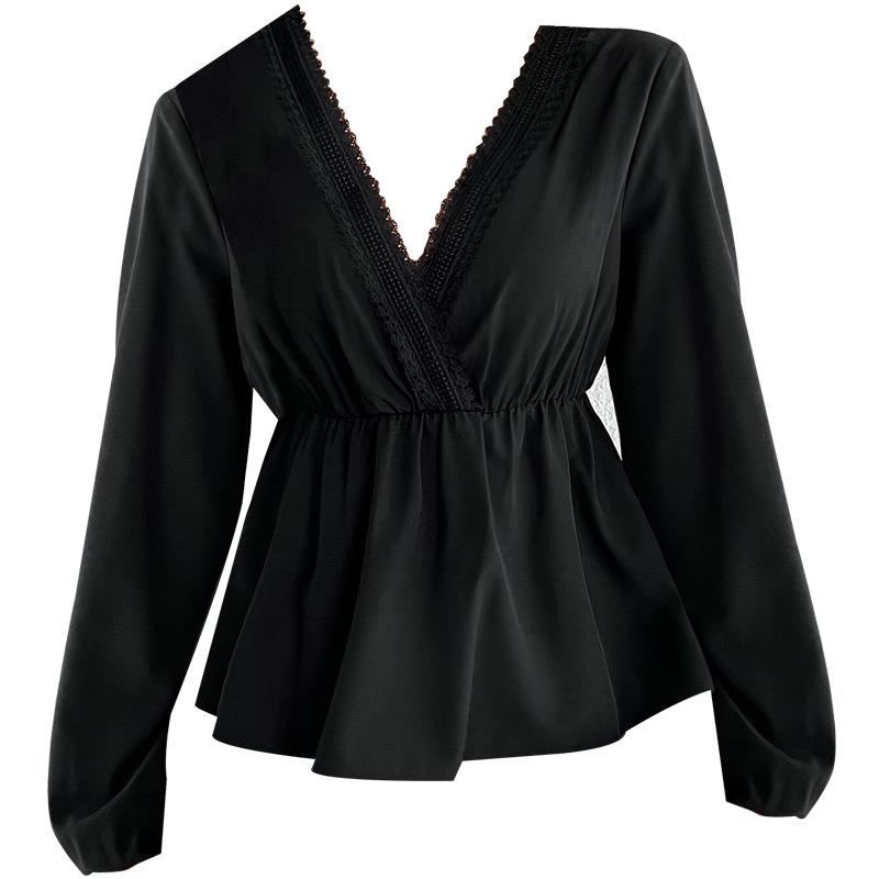 

Женская осенняя лоскутная однотонная рубашка с V-образным вырезом XL чёрный