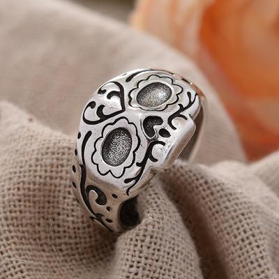 Übertriebenes Totenkopfmasken-Design Vintage Thai Silber Unisex Fingerring Für Damen Herren Halloween Geschenke Verblasst nicht