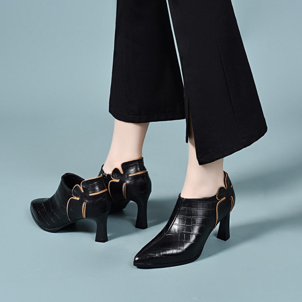 Pointed high heels women's spring new plaid cowhide flower fine heel deep mouth single shoes fashion ankle shoes