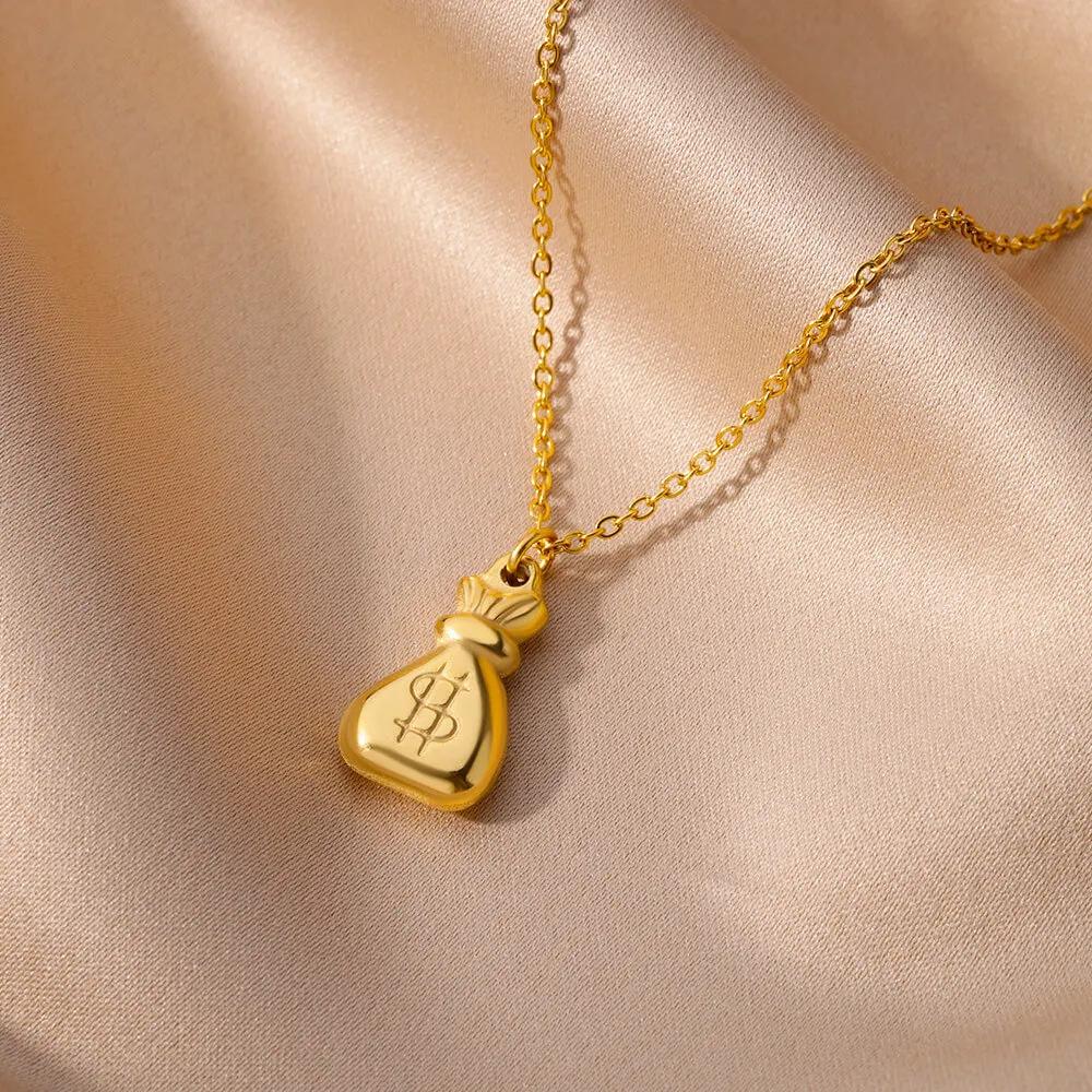 Hot-selling Money Bag Pendant Necklace Women's Titanium Steel Gold-plated Non-fading Jewelry Retro Rich Pendant Gold-plated