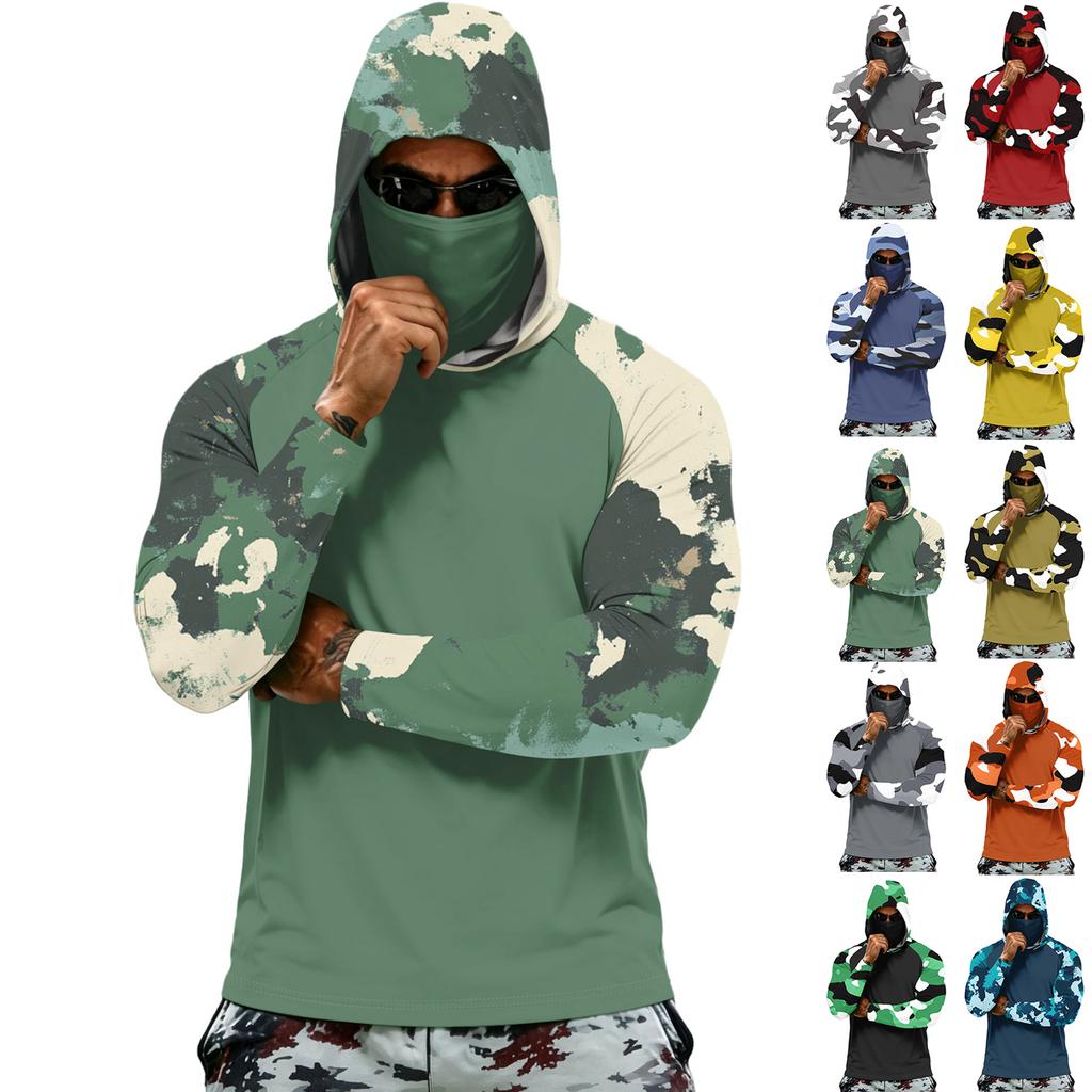 Men's Long Sleeve Hooded Shirt Camouflage Print Pullover Lightweight Athletic Top for Outdoor Activities
